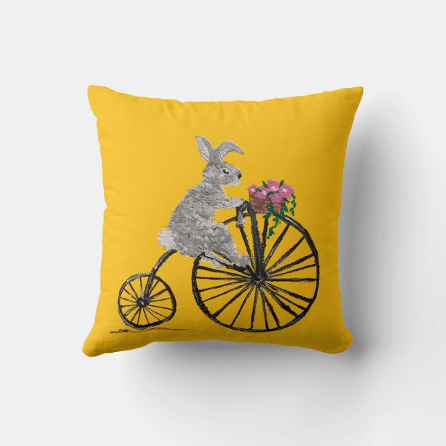 Whimsical Rabbit on Bike Throw Pillow (Back)