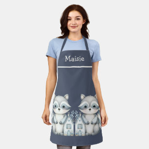Whimsical Raccoon Night Woodland Cottage Scene Apron
