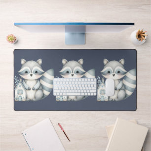 Whimsical Raccoon Night Woodland Cottage Scene Desk Mat