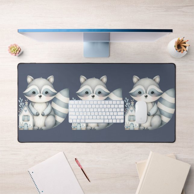 Whimsical Raccoon Night Woodland Cottage Scene Desk Mat (Office 1)