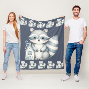 Whimsical Raccoon Night Woodland Cottage Scene Fleece Blanket