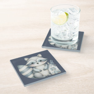 Whimsical Raccoon Night Woodland Cottage Scene Glass Coaster