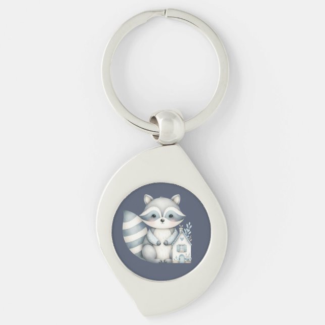Whimsical Raccoon Night Woodland Cottage Scene Keychain (Front)