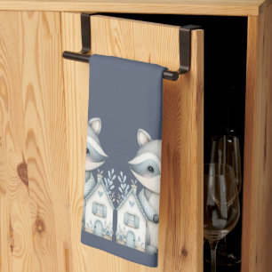  Whimsical Raccoon Night Woodland Cottage Scene Kitchen Towel