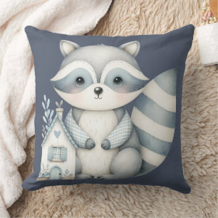 Whimsical Raccoon Night Woodland Cottage Scene Throw Pillow