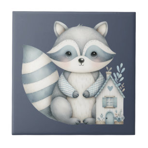 Whimsical Raccoon Night Woodland Cottage Scene Tile