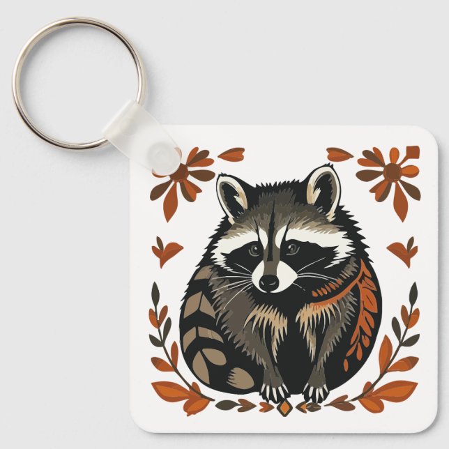 Whimsical Raccoon Woodland Animal Folk or Tribal A Keychain (Front)