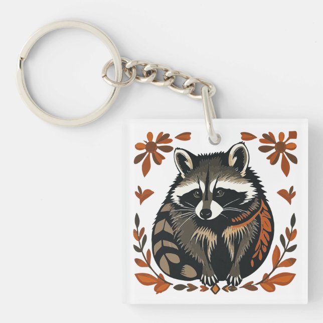 Whimsical Raccoon Woodland Animal Folk or Tribal A Keychain (Front)