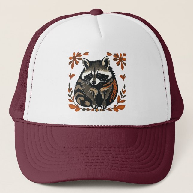 Whimsical Raccoon Woodland Animal Folk or Tribal  Trucker Hat (Front)