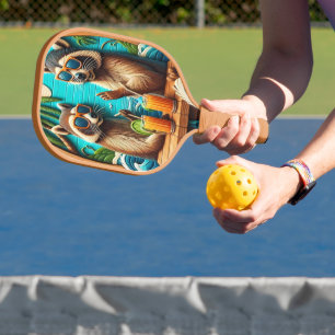 Whimsical Raccoons Perched on Rustic Table Pickleball Paddle
