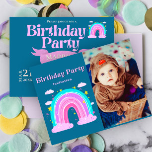 Whimsical Rainbow 1st Birthday Photo Invitation Postcard