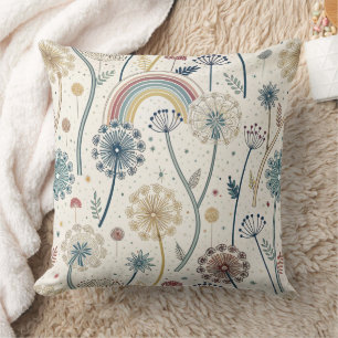 Whimsical Rainbow and Botanical Dandelions (2) Throw Pillow
