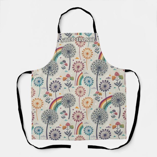 Whimsical Rainbow and Botanical Dandelions Apron (Front)