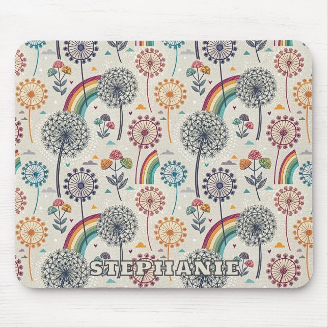 Whimsical Rainbow and Botanical Dandelions Mouse Pad (Front)