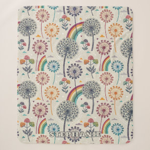 Whimsical Rainbow and Botanical Dandelions Sherpa Blanket
