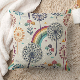Whimsical Rainbow and Botanical Dandelions Throw Pillow