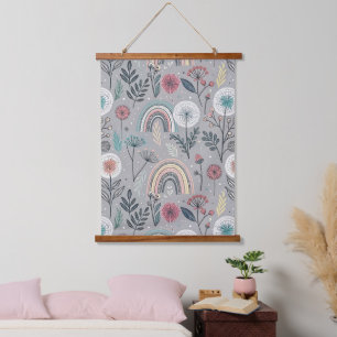 Whimsical Rainbow and Botanical Hanging Tapestry