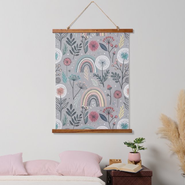 Whimsical Rainbow and Botanical Hanging Tapestry (Bedroom)
