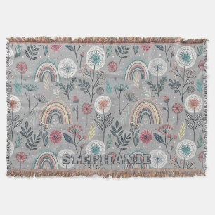 Whimsical Rainbow and Botanical Throw Blanket