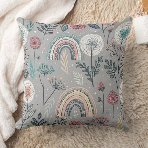 Whimsical Rainbow and Botanical Throw Pillow