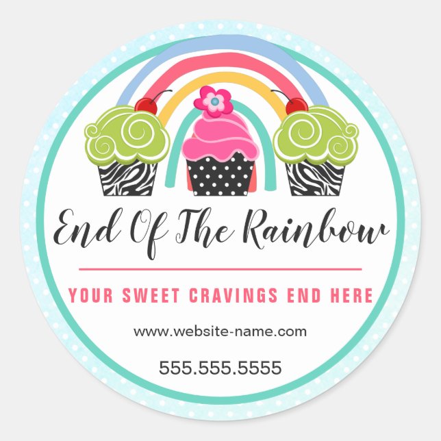 Whimsical Rainbow and Cupcakes Bakery Packaging Classic Round Sticker (Front)
