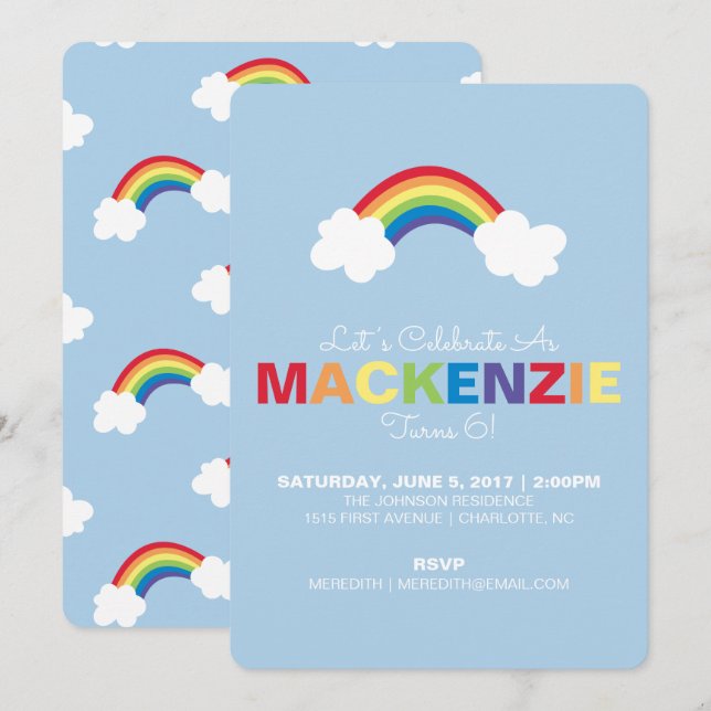 Whimsical Rainbow Anniversaire Fête Invitation (Devant / Derrière)