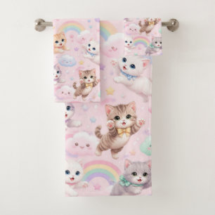 Whimsical Rainbow Clouds Flying Kittens Magical Bath Towel Set