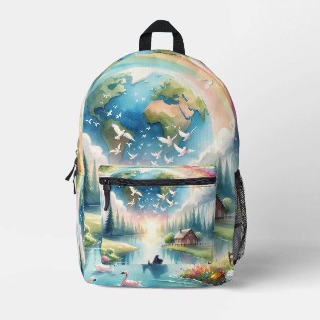 Whimsical Rainbow Earth Fantasy Scene Printed Backpack (Front)