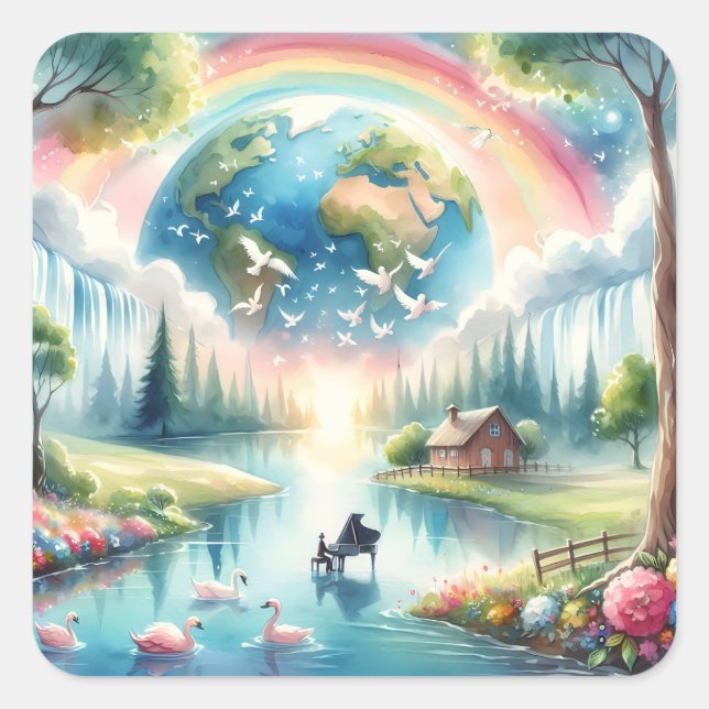 Whimsical Rainbow Earth Fantasy Scene Square Sticker (Front)