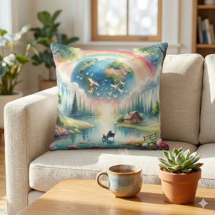 Whimsical Rainbow Earth Fantasy Scene Throw Pillow