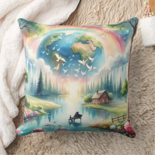 Whimsical Rainbow Earth Fantasy Scene Throw Pillow