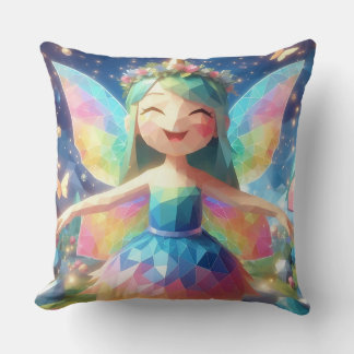 Whimsical Rainbow Fairy in a Magical Forest Throw Pillow