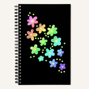 Whimsical Rainbow Flowers Black Notebook