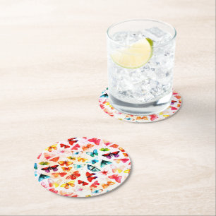 Whimsical Rainbow Forest Butterfly Watercolor  Round Paper Coaster