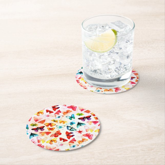 Whimsical Rainbow Forest Butterfly Watercolor  Round Paper Coaster (Insitu)