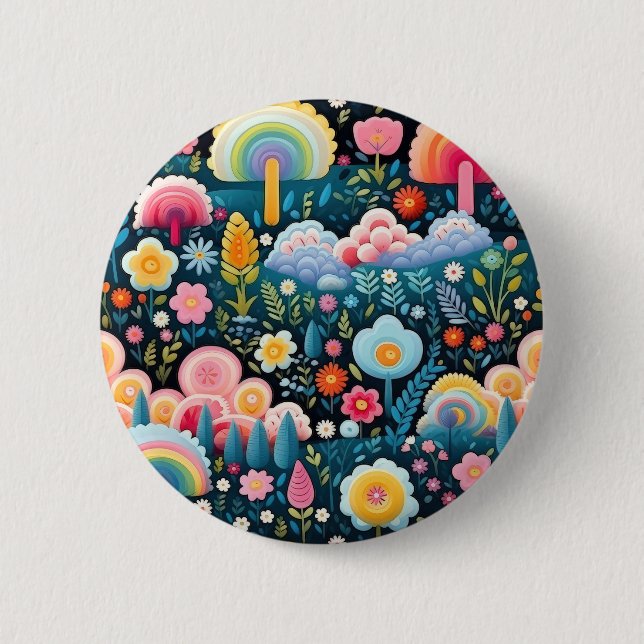 Whimsical Rainbow Garden Floral Fantasy Pattern 2 Inch Round Button (Front)