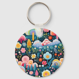 Whimsical Rainbow Garden Floral Fantasy Pattern Keychain