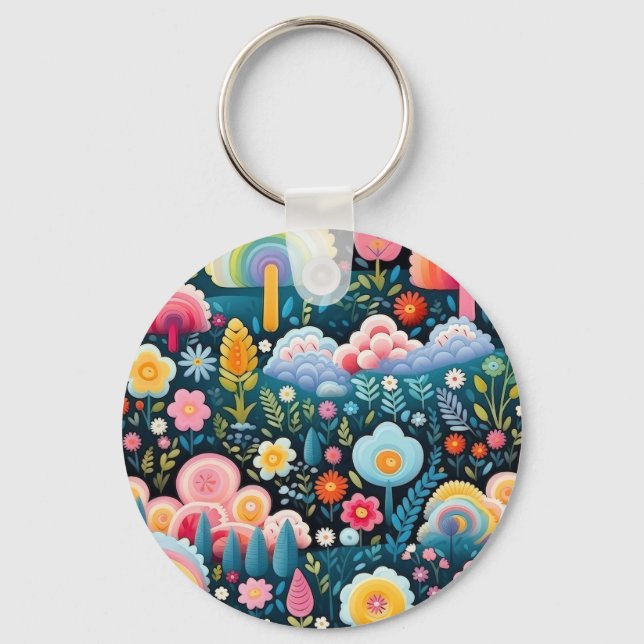Whimsical Rainbow Garden Floral Fantasy Pattern Keychain (Front)