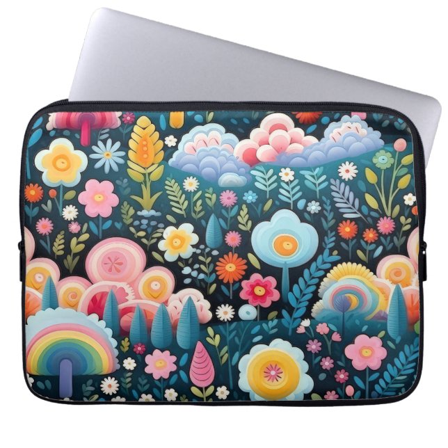 Whimsical Rainbow Garden Floral Fantasy Pattern Laptop Sleeve (Front)