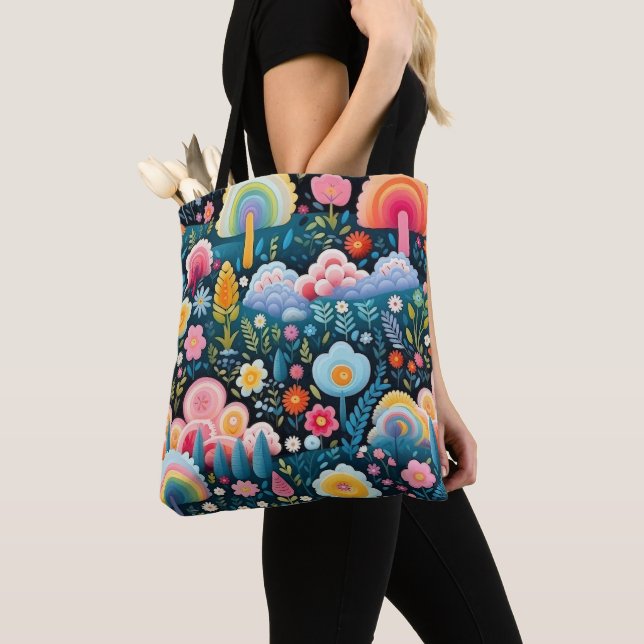 Whimsical Rainbow Garden Floral Fantasy Pattern Tote Bag (Close Up)