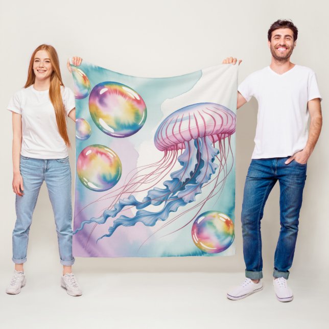 Whimsical Rainbow Jellyfish Watercolor Design Fleece Blanket (In Situ)