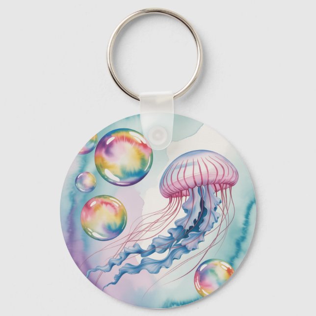 Whimsical Rainbow Jellyfish Watercolor Design Keychain (Front)