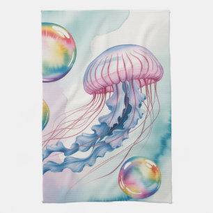 Whimsical Rainbow Jellyfish Watercolor Design Kitchen Towel