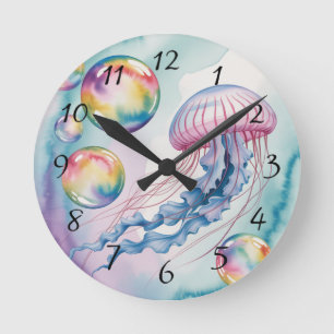 Whimsical Rainbow Jellyfish Watercolor Design Round Clock