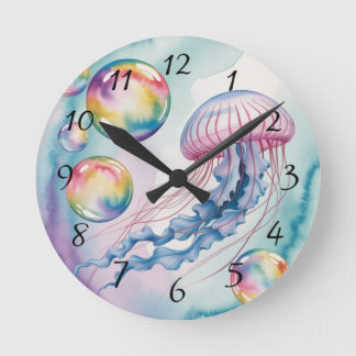 Whimsical Rainbow Jellyfish Watercolor Design Round Clock