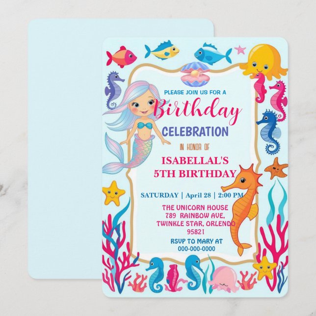 whimsical rainbow mermaid octopus star birthday save the date (Front/Back)