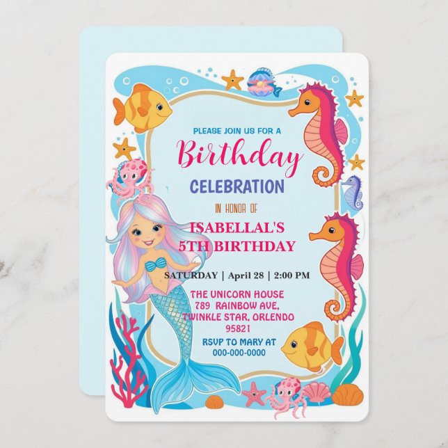 whimsical rainbow mermaid octopus star birthday save the date (Front/Back)