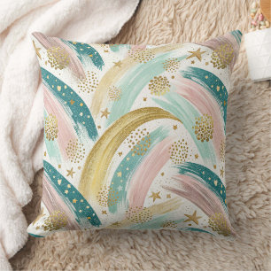 Whimsical Rainbow Pastel Abstract with Gold Stars Throw Pillow