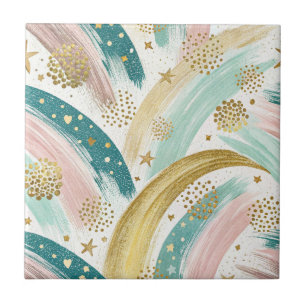 Whimsical Rainbow Pastel Abstract with Gold Stars Tile