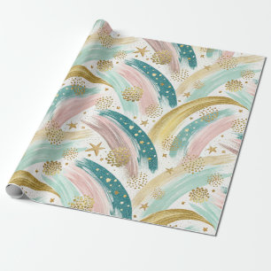 Whimsical Rainbow Pastel Abstract with Gold Stars Wrapping Paper